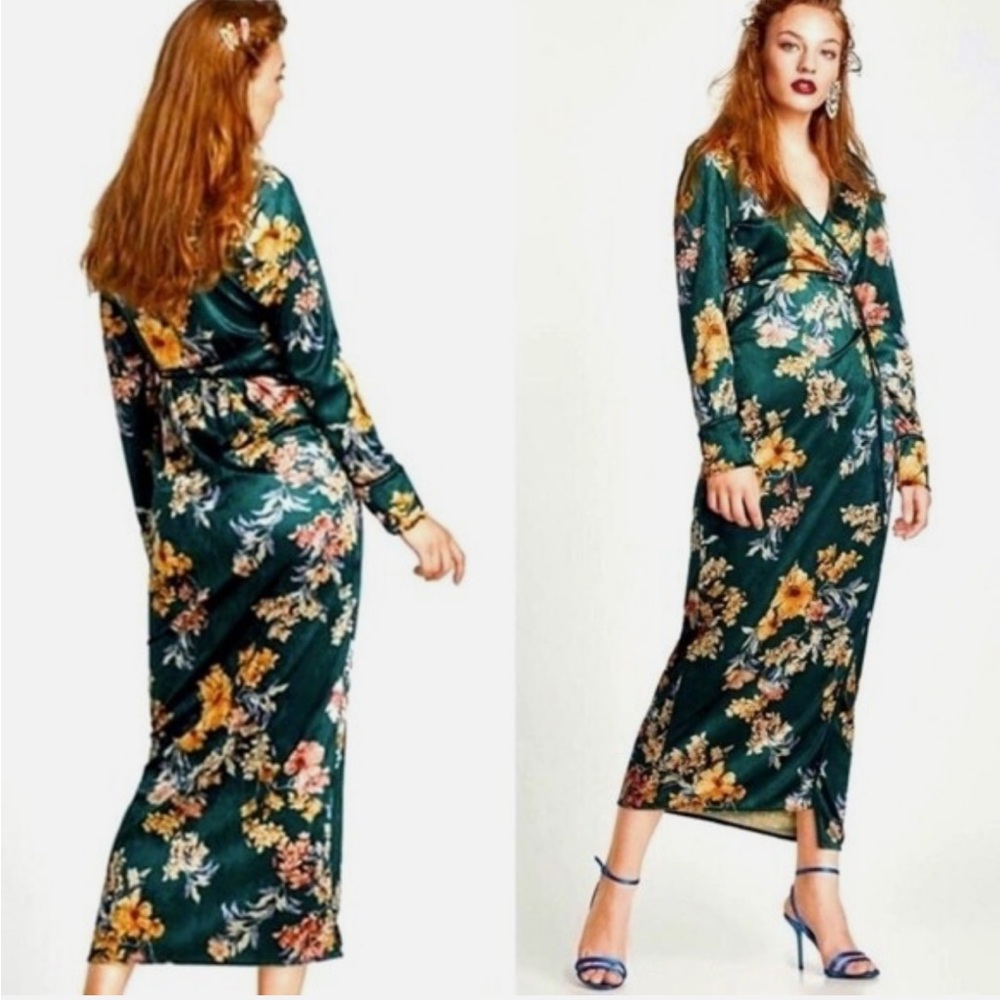 🪩 Zara Emerald Green Velvet Floral Wrap Maxi Dress